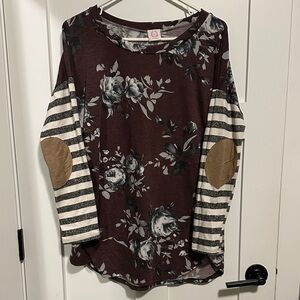 Floral Brown Sweatshirt with Striped Sleeves